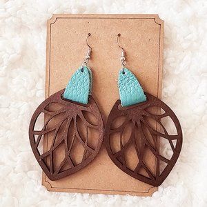 5/$25 Laser Engraved Wooden Leaf Design with Turquoise Leather Earrings